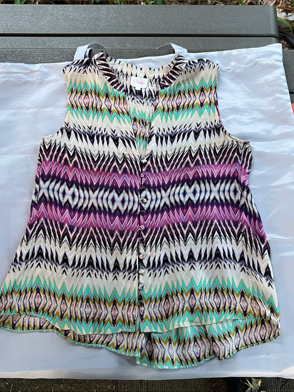 Parker Sleeveless Chevron-Print Button Blouse in Purple, Teal & Cream - Picture 5 of 5